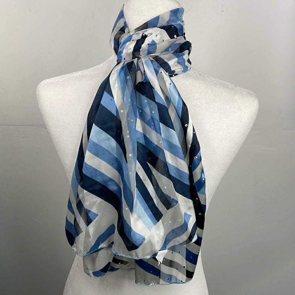 Scarf Rectangular White Blue Navy Bedazzled OS